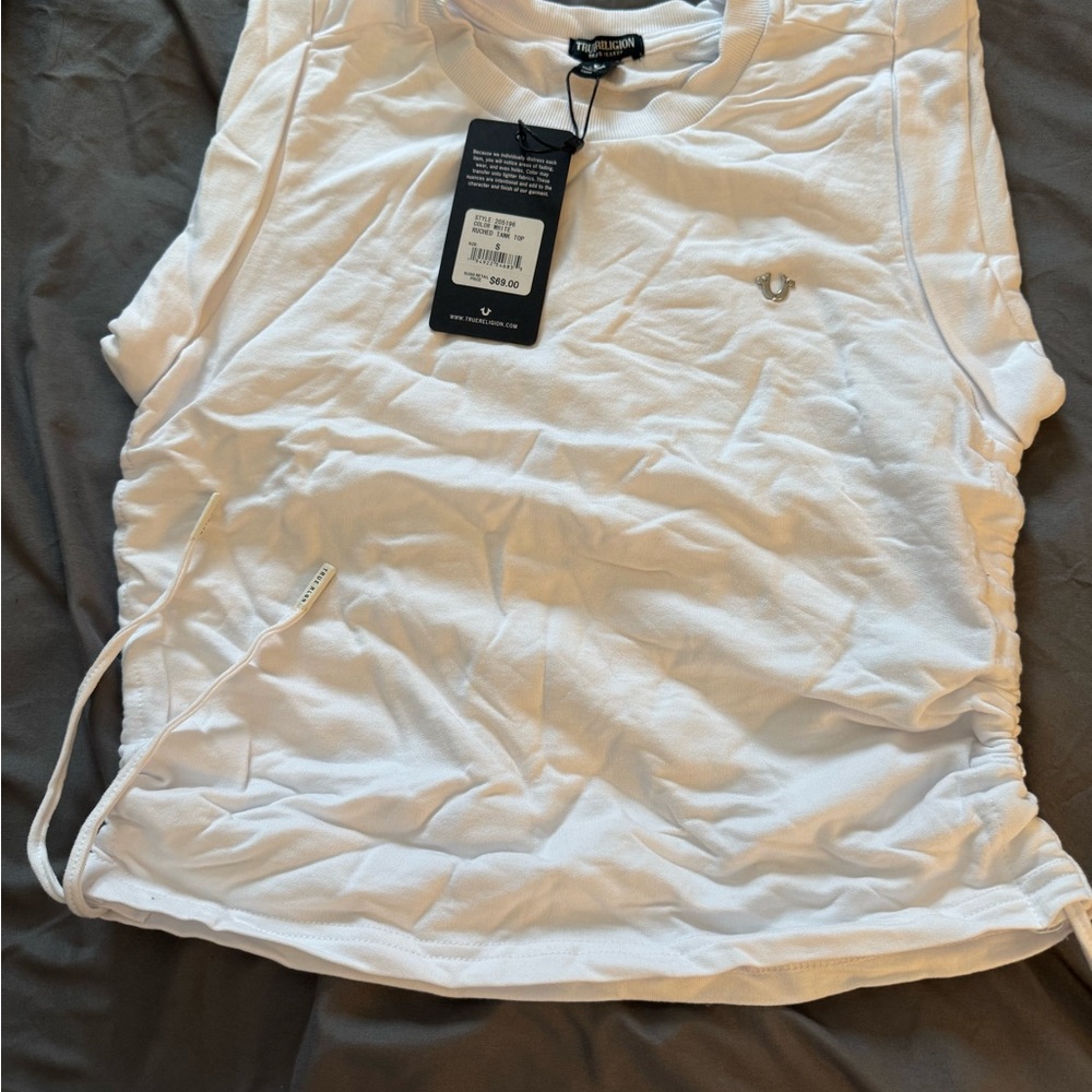 True Religion Women's White Tank Top with Side Drawstring